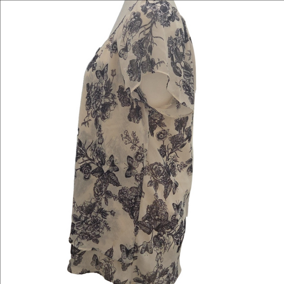 Floral Chiffon Bohemian Careerwear Flowy Lightweight Blouse - Cream Black XL - Picture 5 of 7
